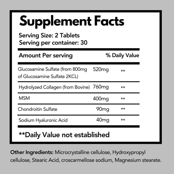 Glucosamine, Chondroitin, MSM, Collagen & Hyaluronic Acid Supplement 60 Tablets U45765