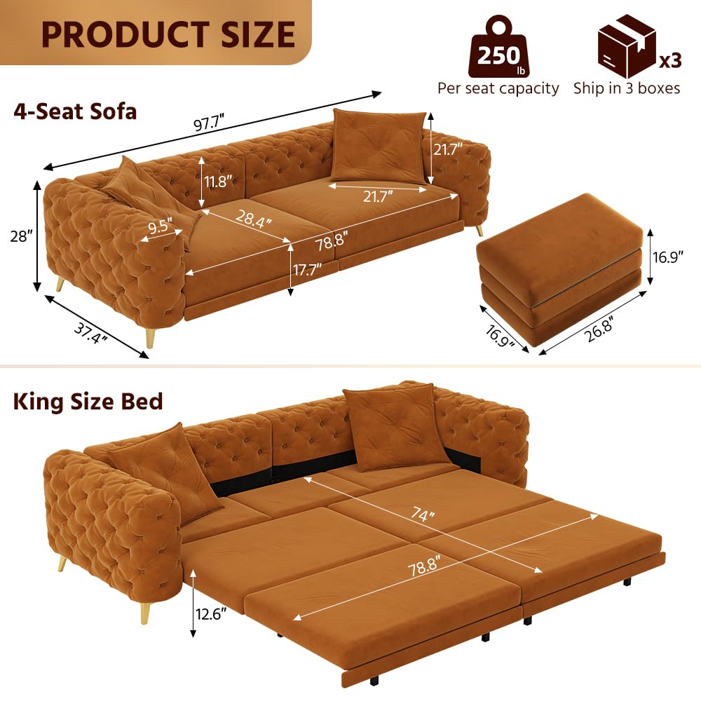 Orange Velvet Convertible Sleeper Sofa with Ottoman E513072