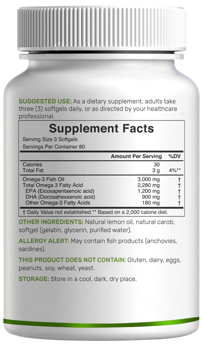 Omega 3 Fish Oil 3,000mg 240 Softgels EPA DHA Lemon Flavored R38270