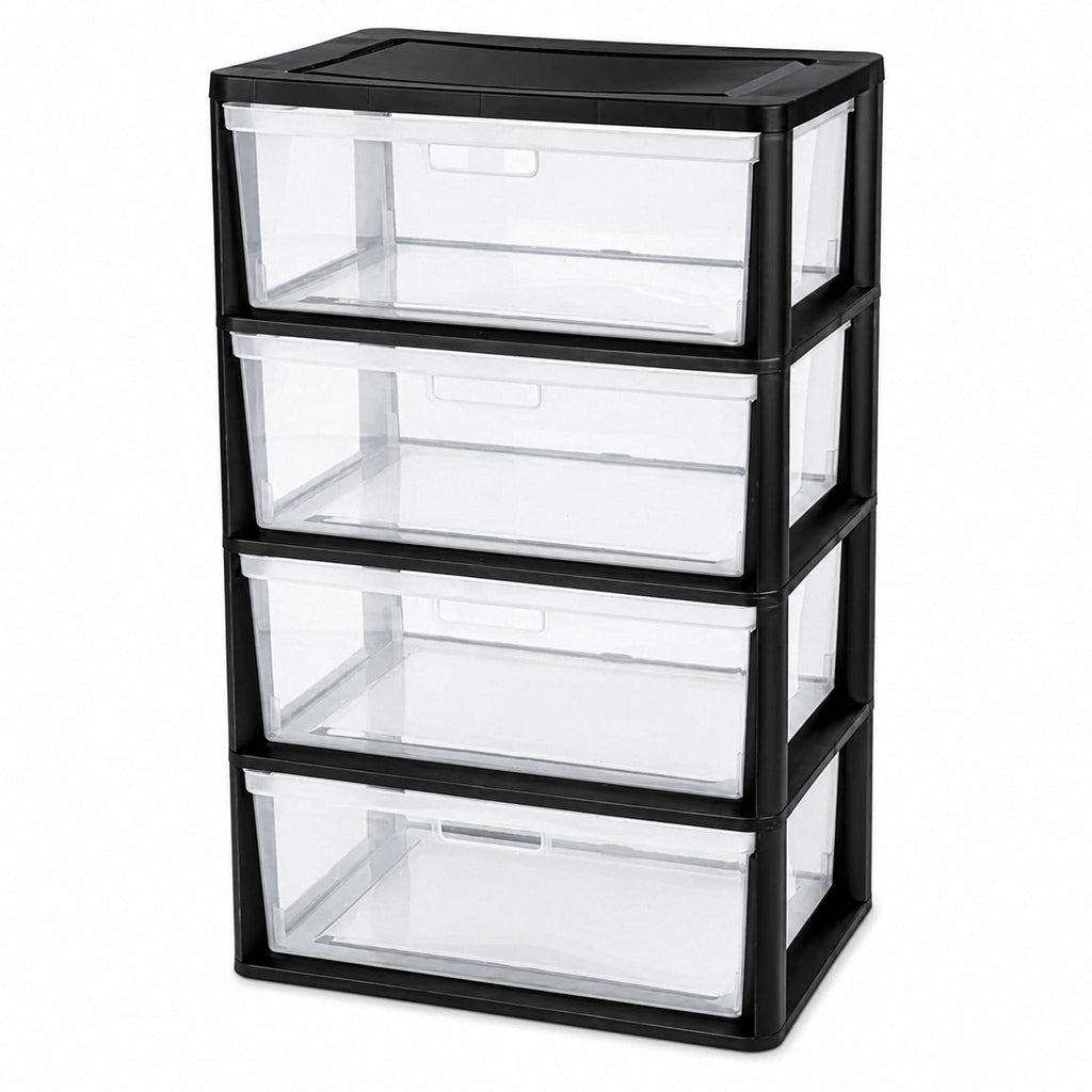 Black 4 Drawer Storage Organizer Tower with Clear Removable Bins H4569