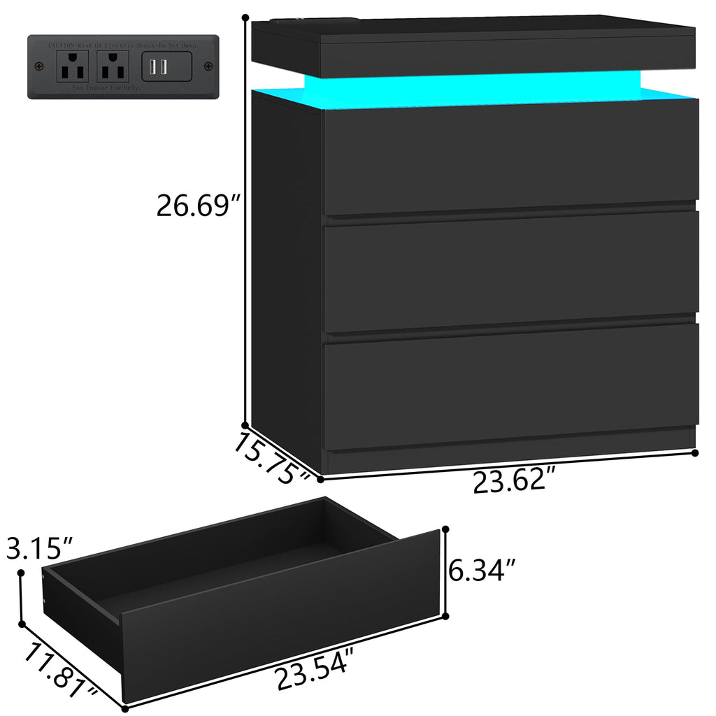 Nightstand with Charging Station, LED Lights, 3 Storage Drawers Z392