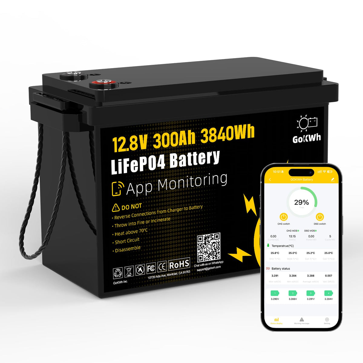 12V 300Ah LiFePO4 Battery with 200A BMS G48764