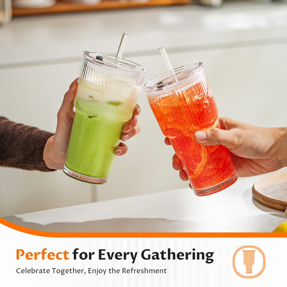 20oz Glass Iced Coffee Cups with Lids and Straws L3418
