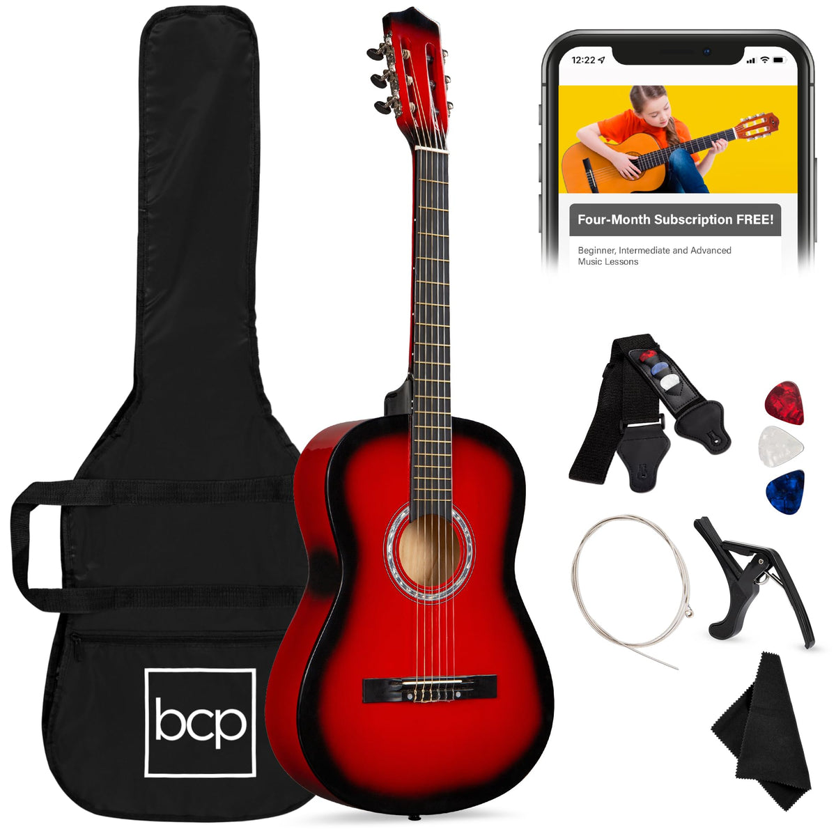 38in Beginner All Wood Acoustic Guitar Starter Kit with Gig Bag Red Burst J4763