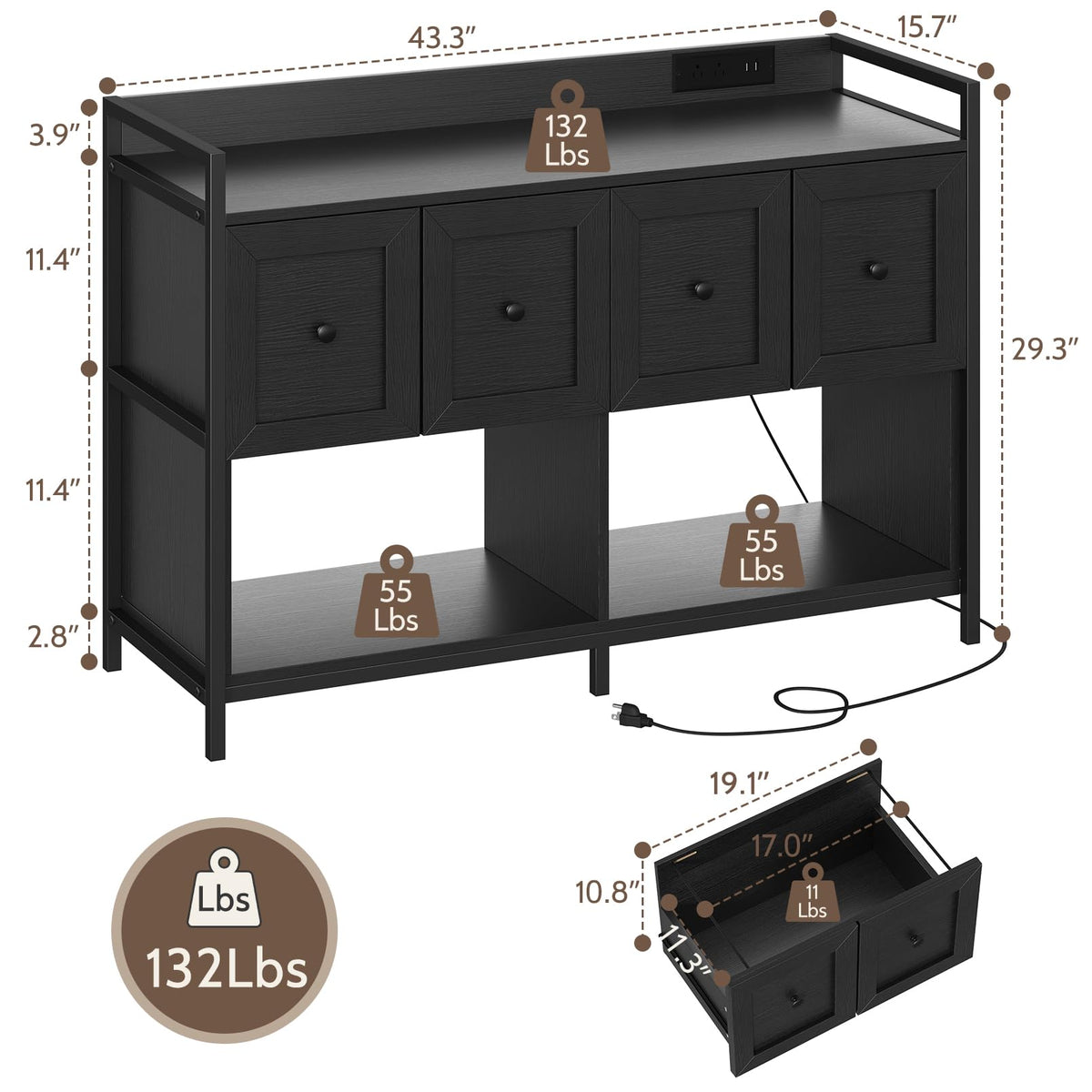 Black 2 Drawer Wood File Cabinet with Power Outlet E5662