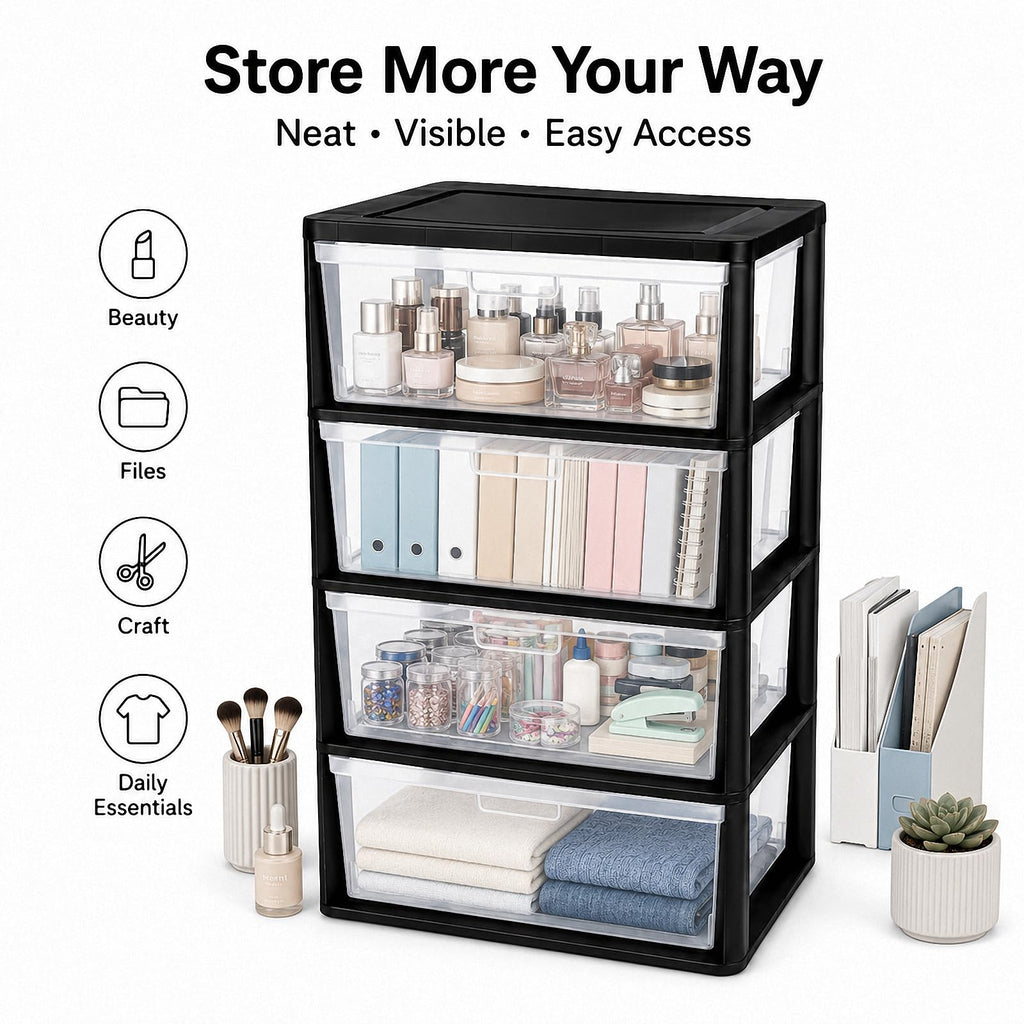 Black 4 Drawer Storage Organizer Tower with Clear Removable Bins H4569