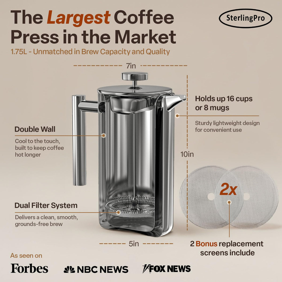 Extra Large Insulated Stainless Steel French Press Coffee Maker 2L J82302
