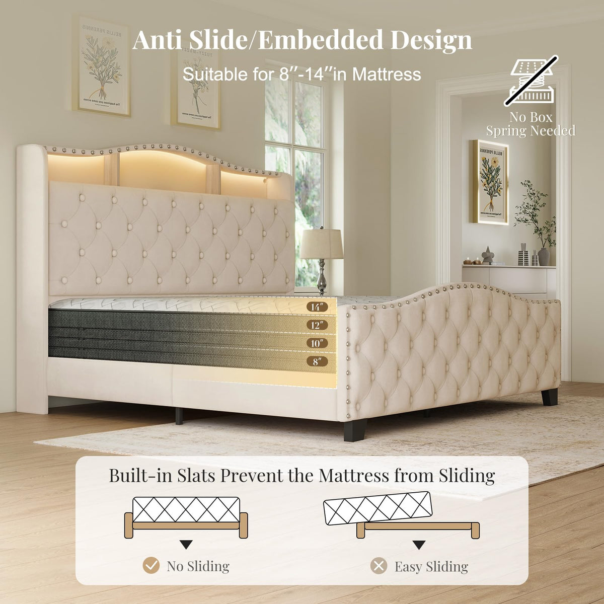 Queen Beige Platform Bed Frame with LED Headboard M9278