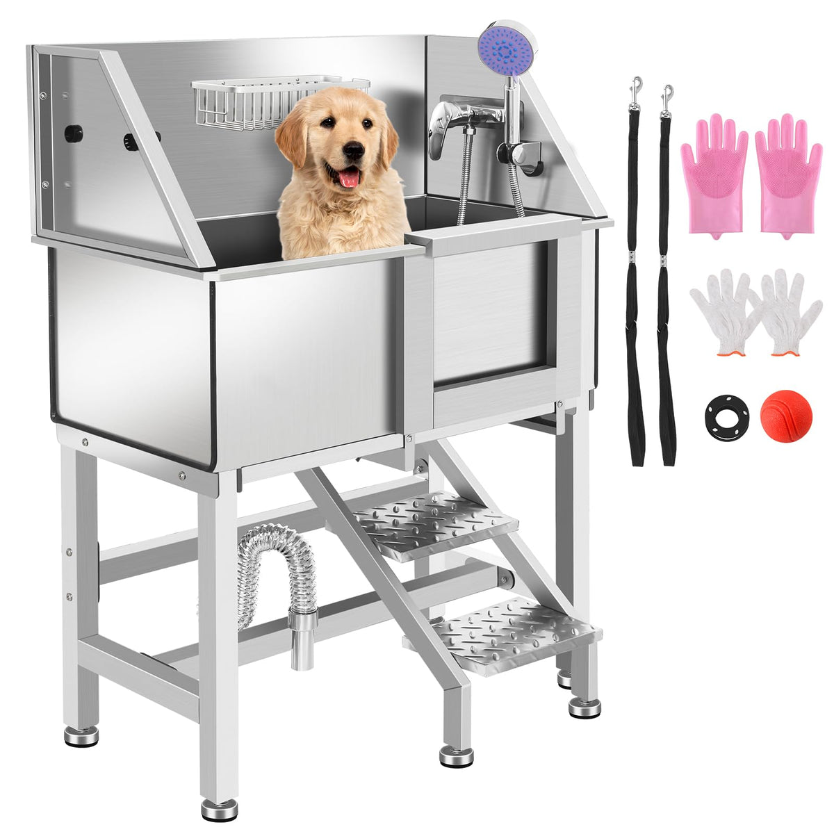 Stainless Steel Dog Washing Station with Stairs J4132