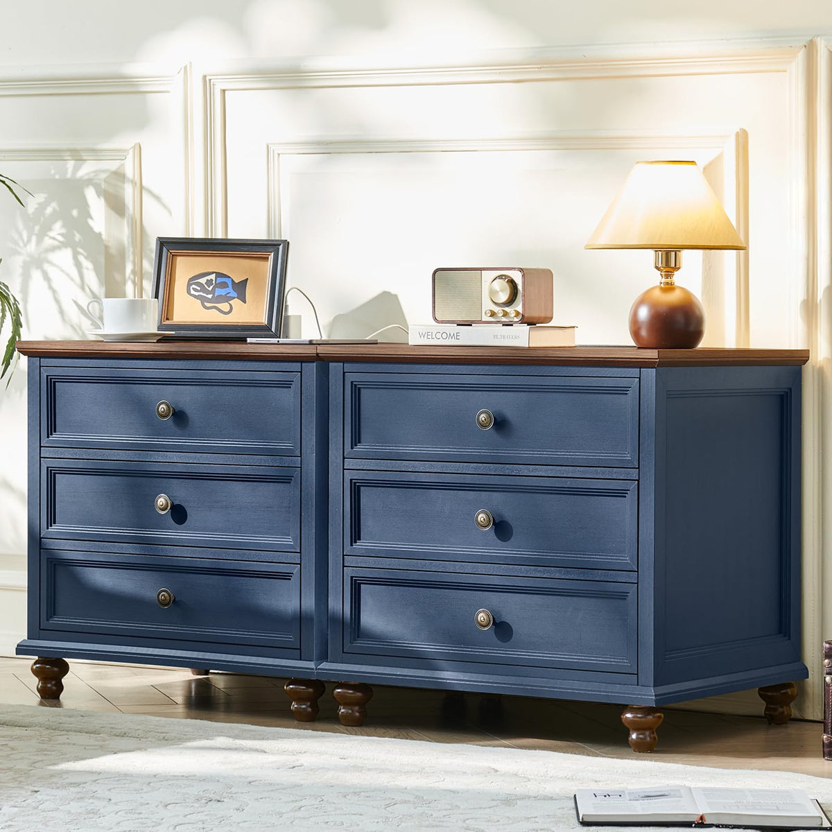 Blue Wood Nightstand Set of 2 with Charging Station N28143