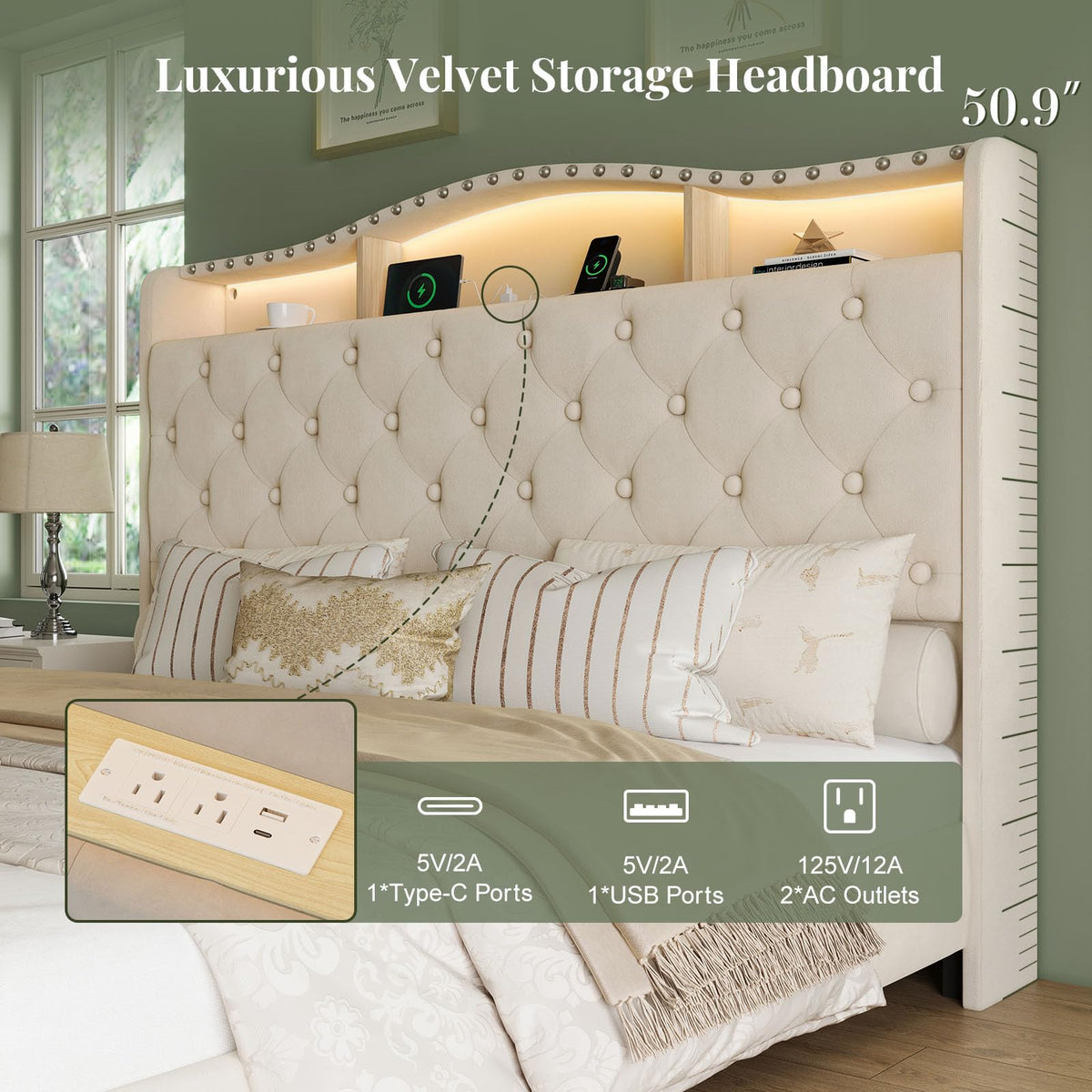 Queen Beige Platform Bed Frame with LED Headboard M9278