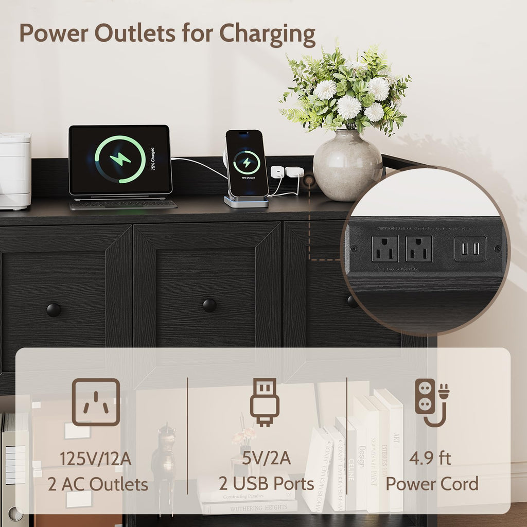 Black 2 Drawer Wood File Cabinet with Power Outlet E5662
