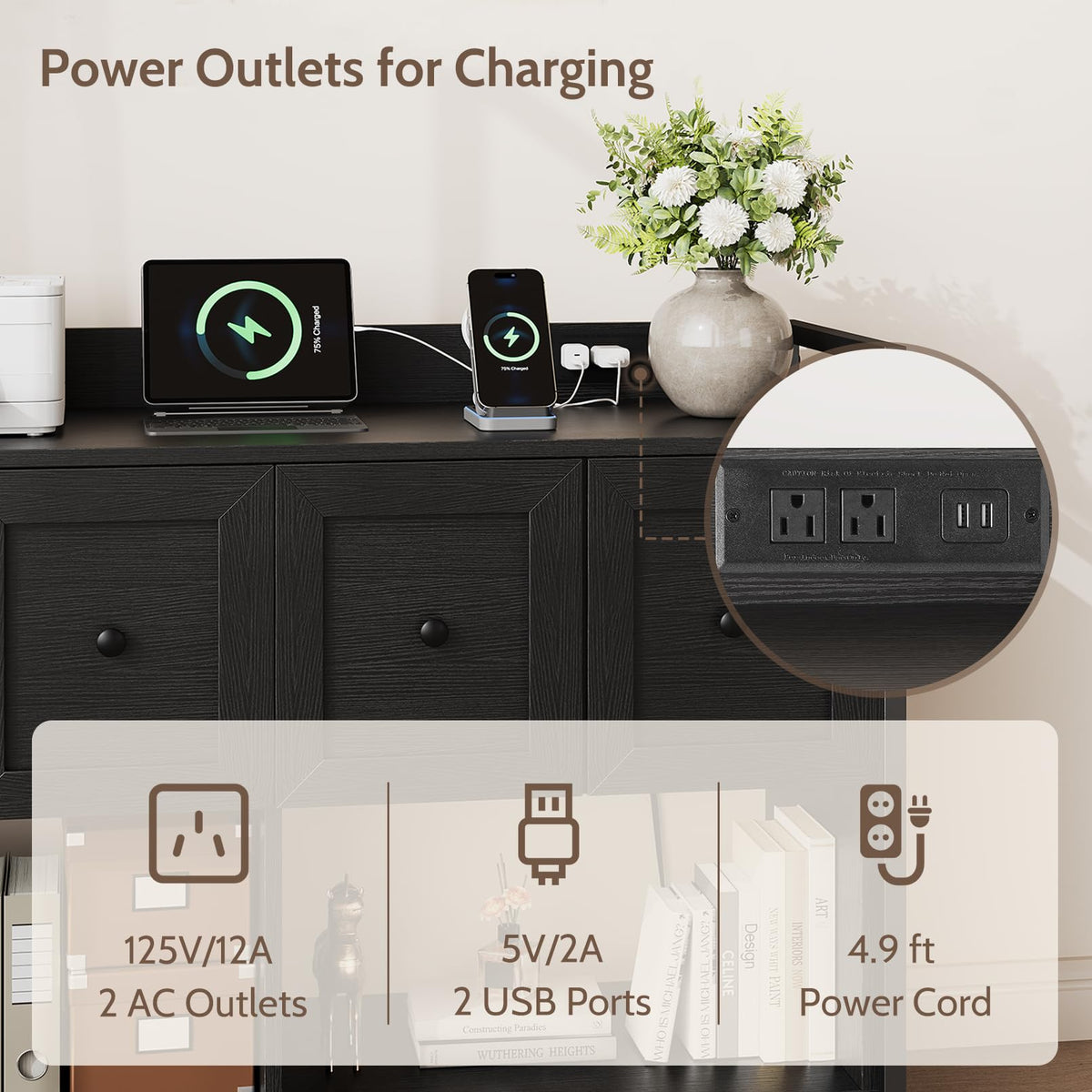 Black 2 Drawer Wood File Cabinet with Power Outlet E5662