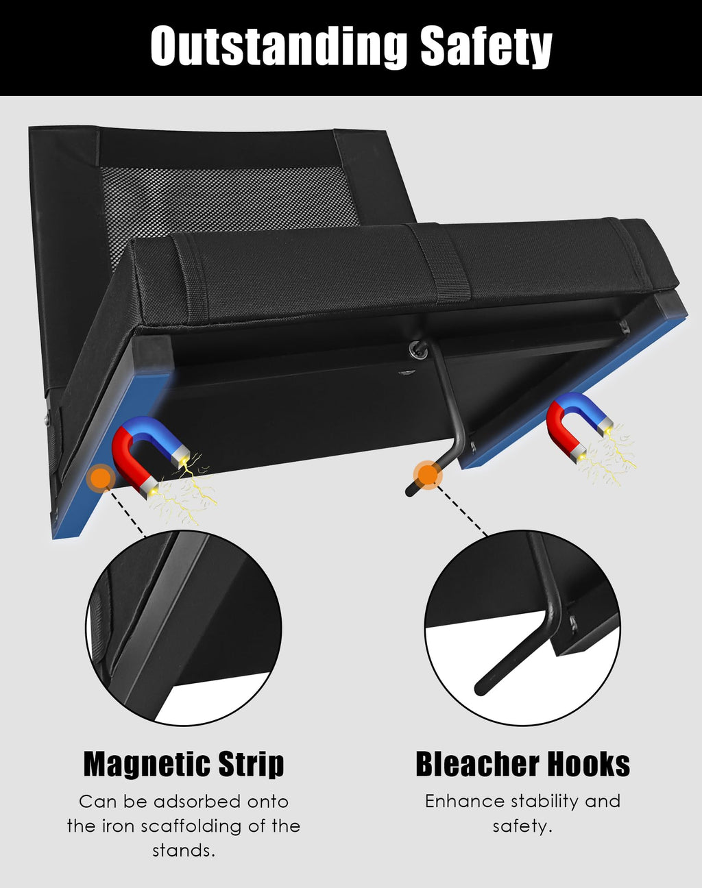 Portable Folding Bleacher Seats with Back Support and Cushion, Black S11827