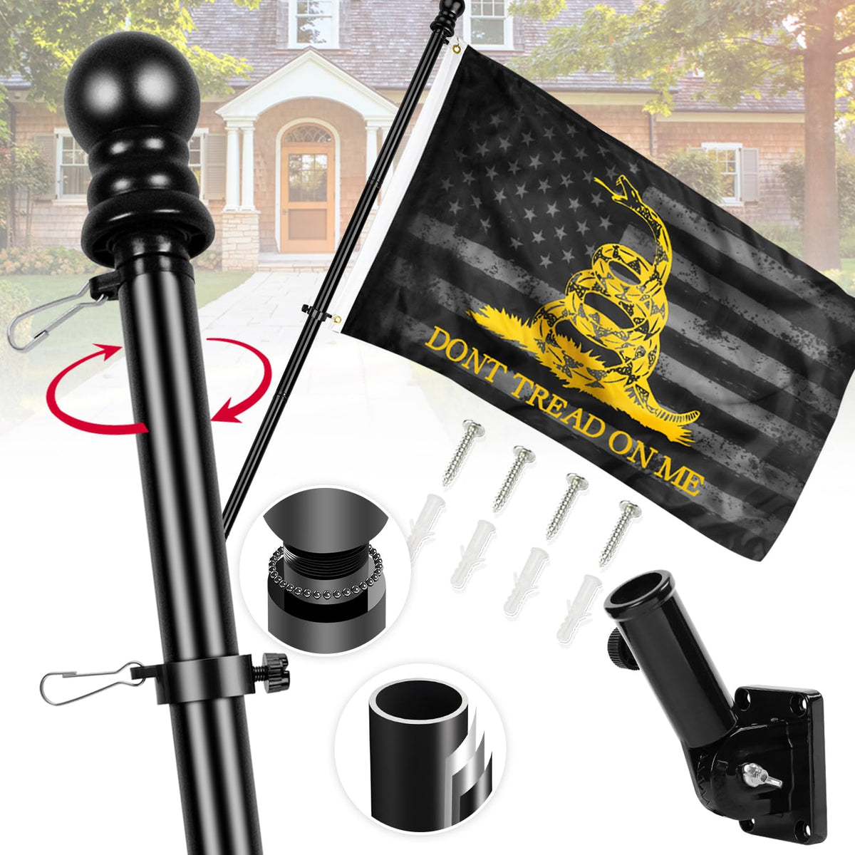 6ft Stainless Steel Spinning Flag Pole with 3x5 ft Double Sided Flag Y96357