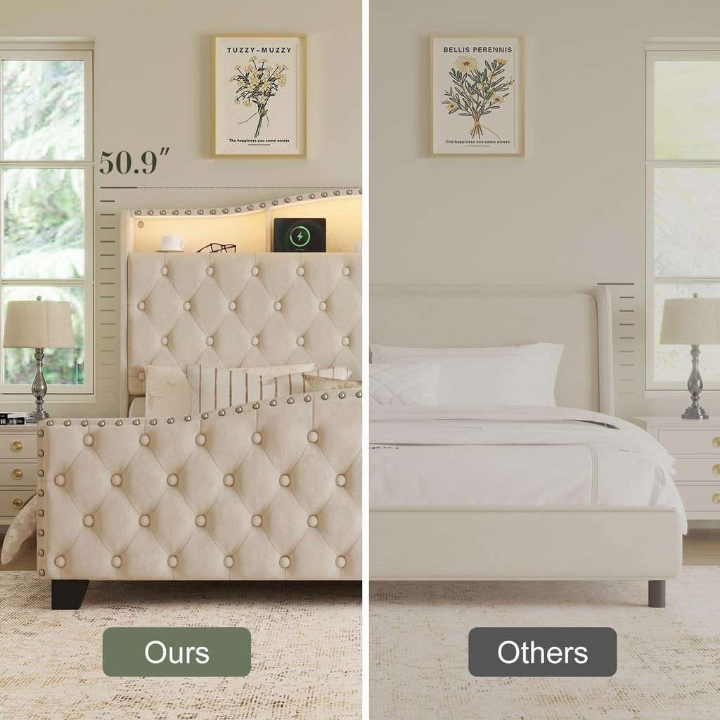 Queen Beige Platform Bed Frame with LED Headboard M9278