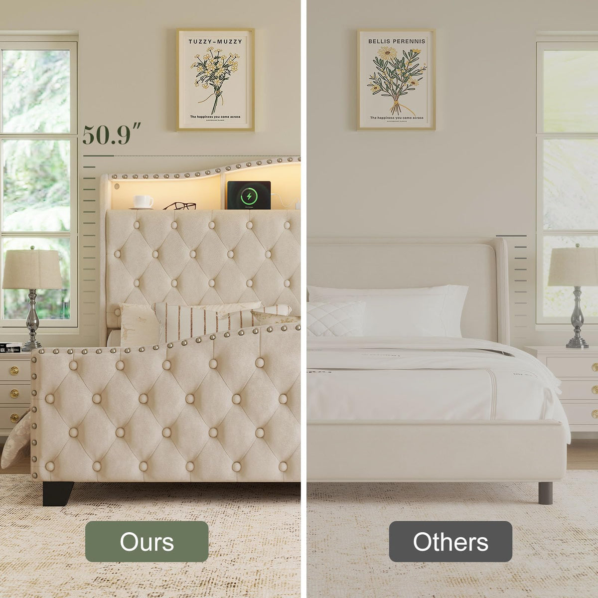 Queen Beige Platform Bed Frame with LED Headboard M9278
