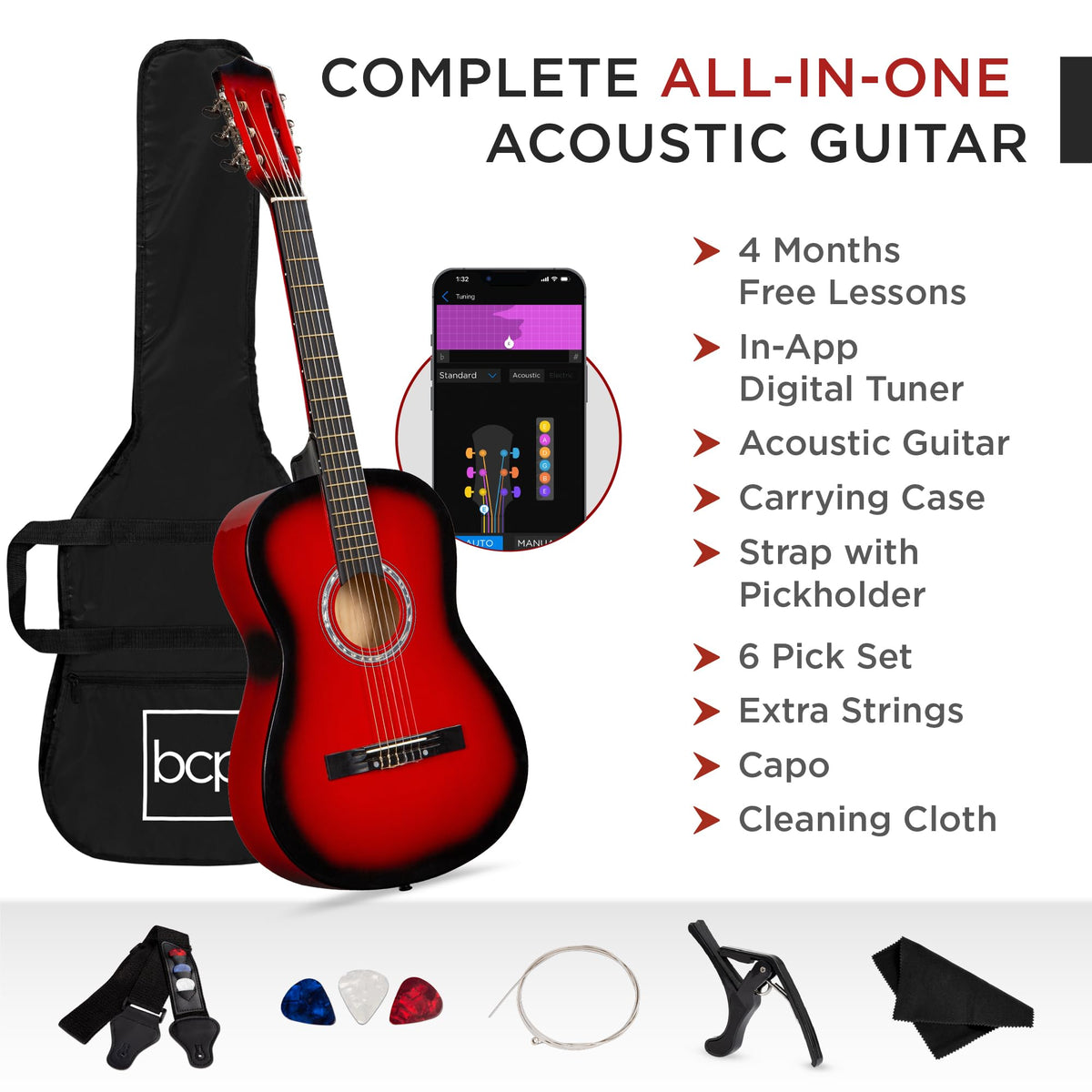 38in Beginner All Wood Acoustic Guitar Starter Kit with Gig Bag Red Burst J4763