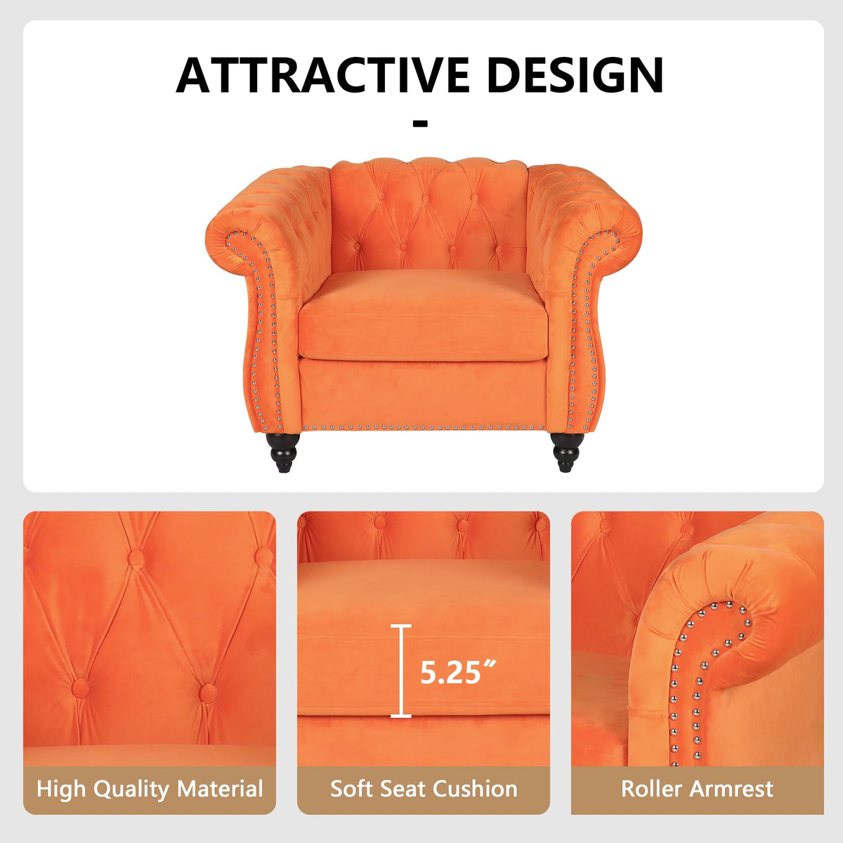 Orange Velvet Upholstered Accent Sofa Chair L57524