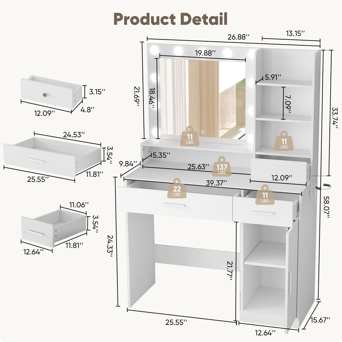 Makeup Vanity Desk with Mirror and Lights V628844