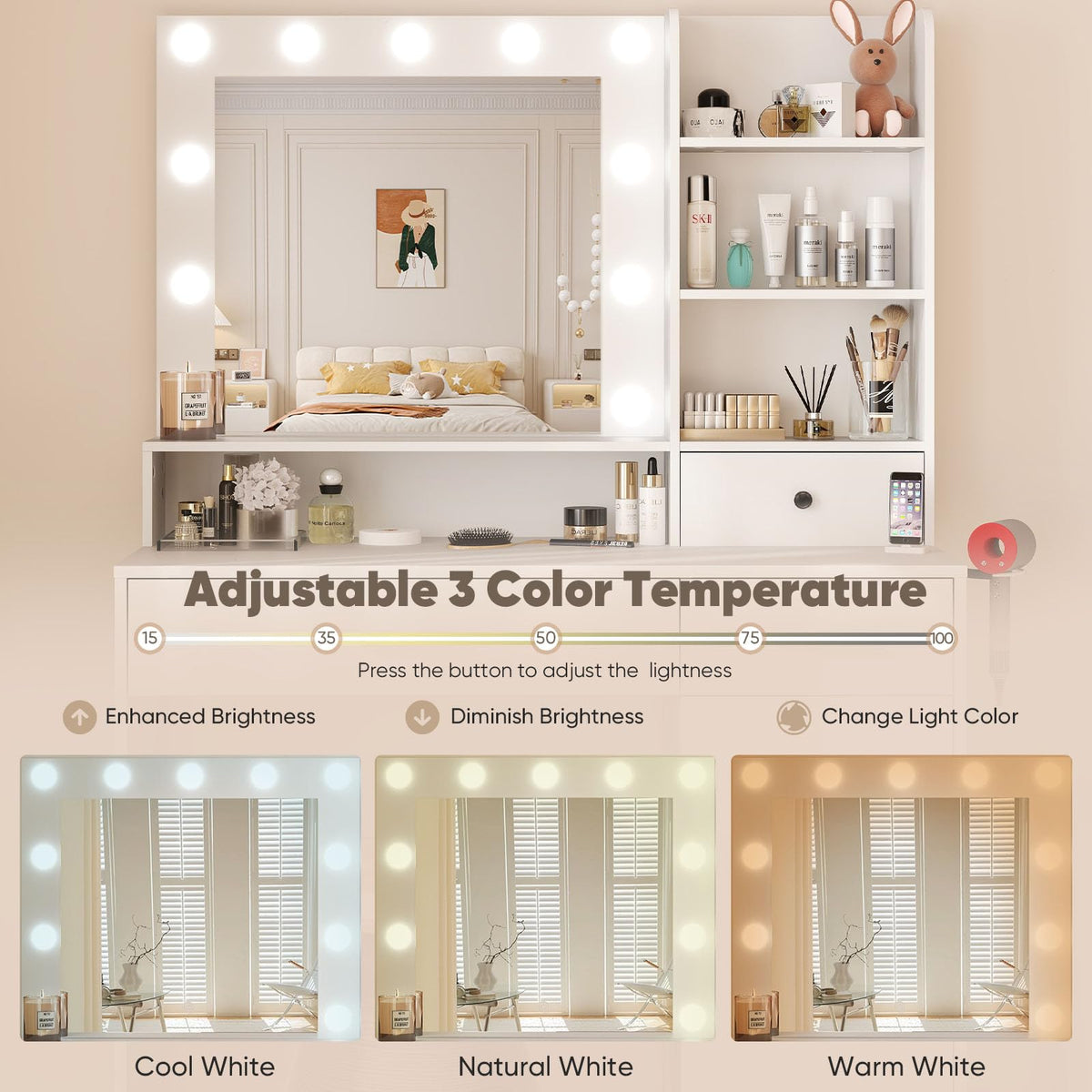 Makeup Vanity Desk with Mirror and Lights V628844