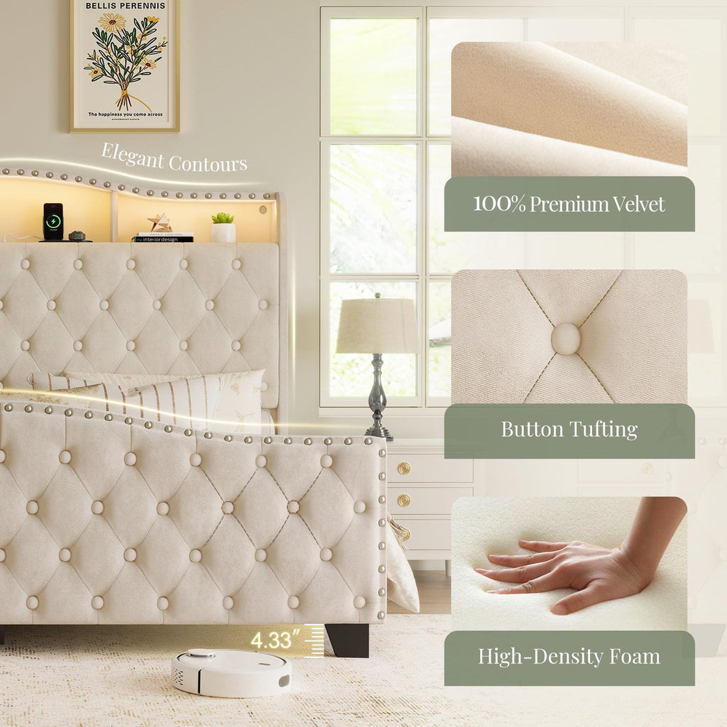Queen Beige Platform Bed Frame with LED Headboard M9278