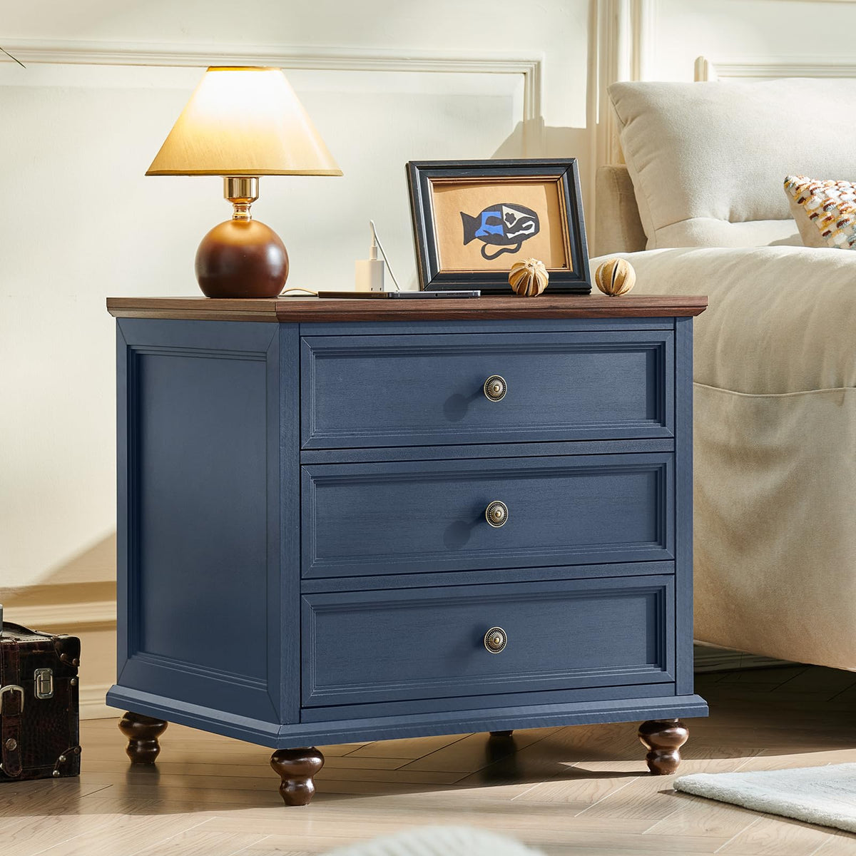 Blue Wood Nightstand Set of 2 with Charging Station N28143