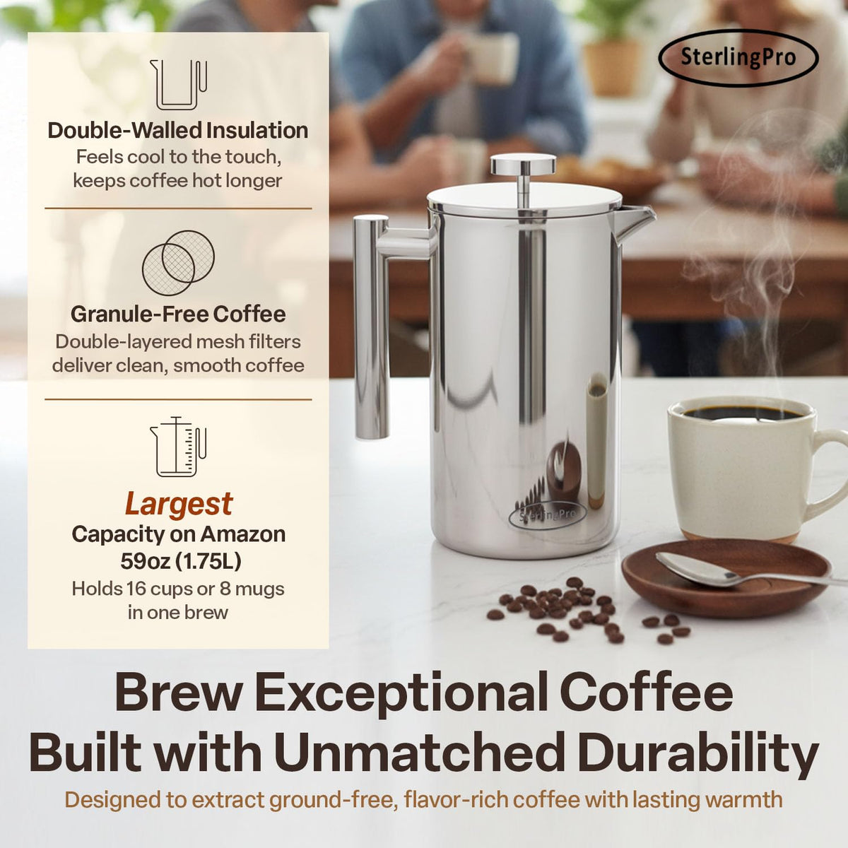 Extra Large Insulated Stainless Steel French Press Coffee Maker 2L J82302