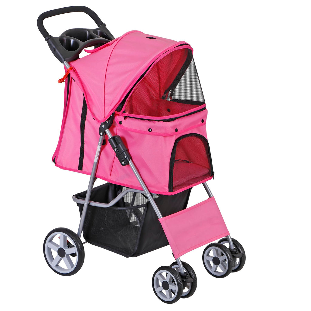 4 Wheels Folding Dog Stroller with Storage Basket, Pink L64406