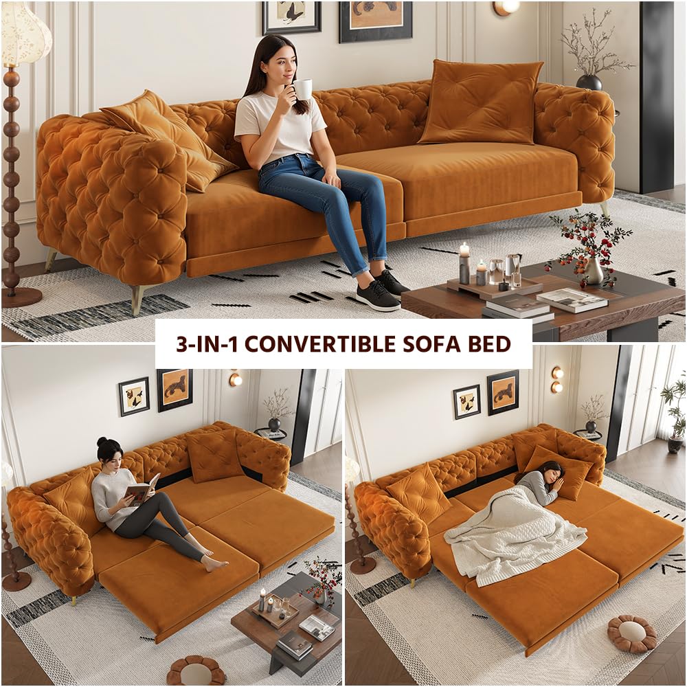 Orange Velvet Convertible Sleeper Sofa with Ottoman E513072