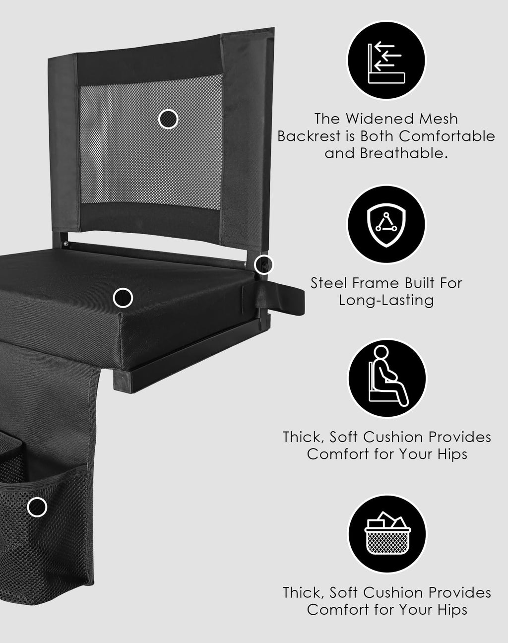 Portable Folding Bleacher Seats with Back Support and Cushion, Black S11827