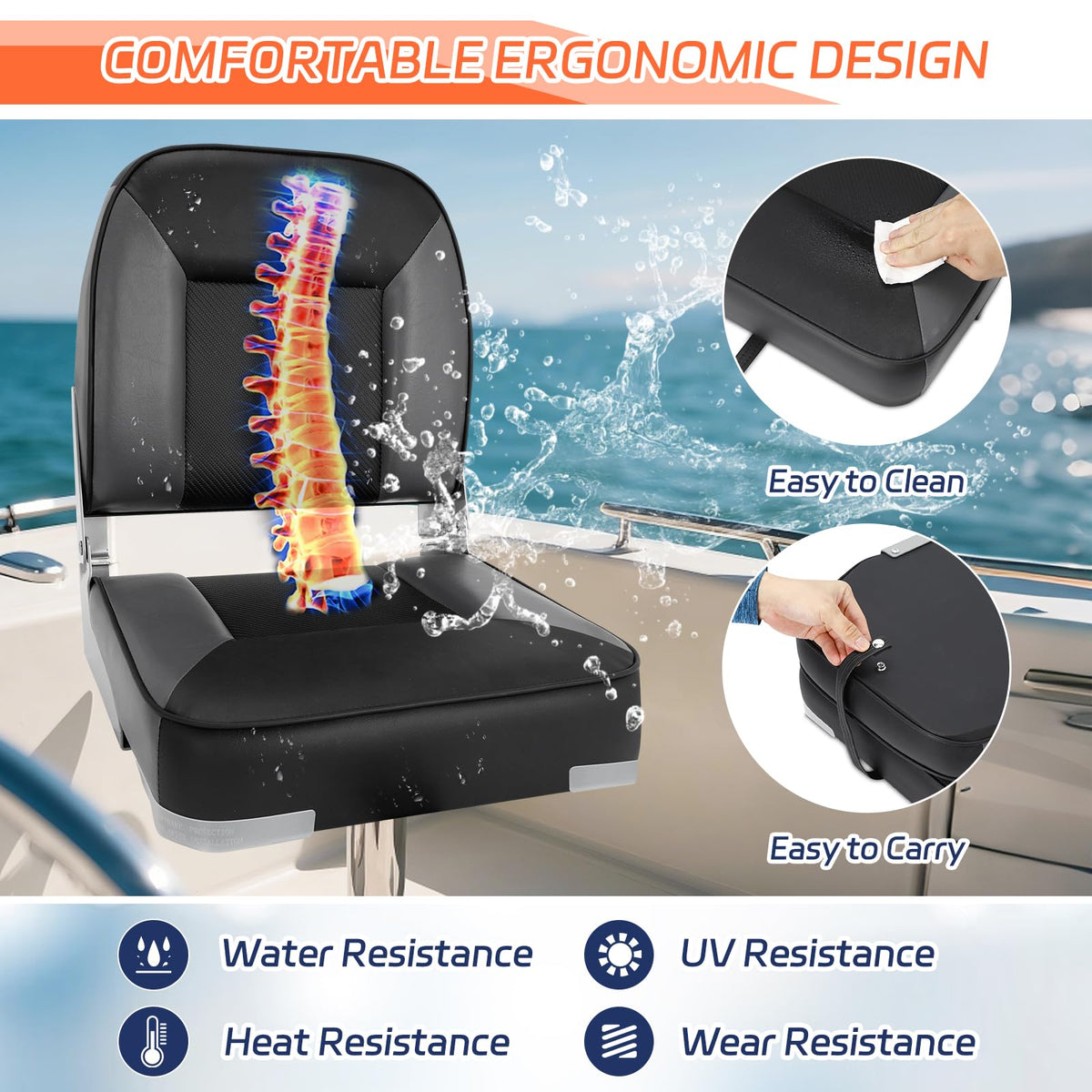 2 Pack Folding Low Back Boat Seats Black/Gray B8879