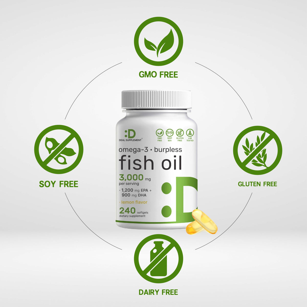 Omega 3 Fish Oil 3,000mg 240 Softgels EPA DHA Lemon Flavored R38270
