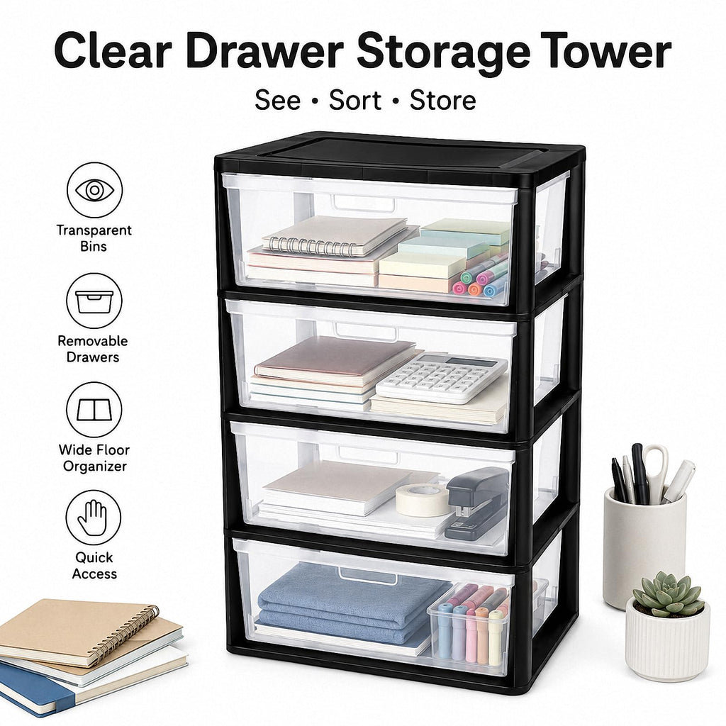Black 4 Drawer Storage Organizer Tower with Clear Removable Bins H4569