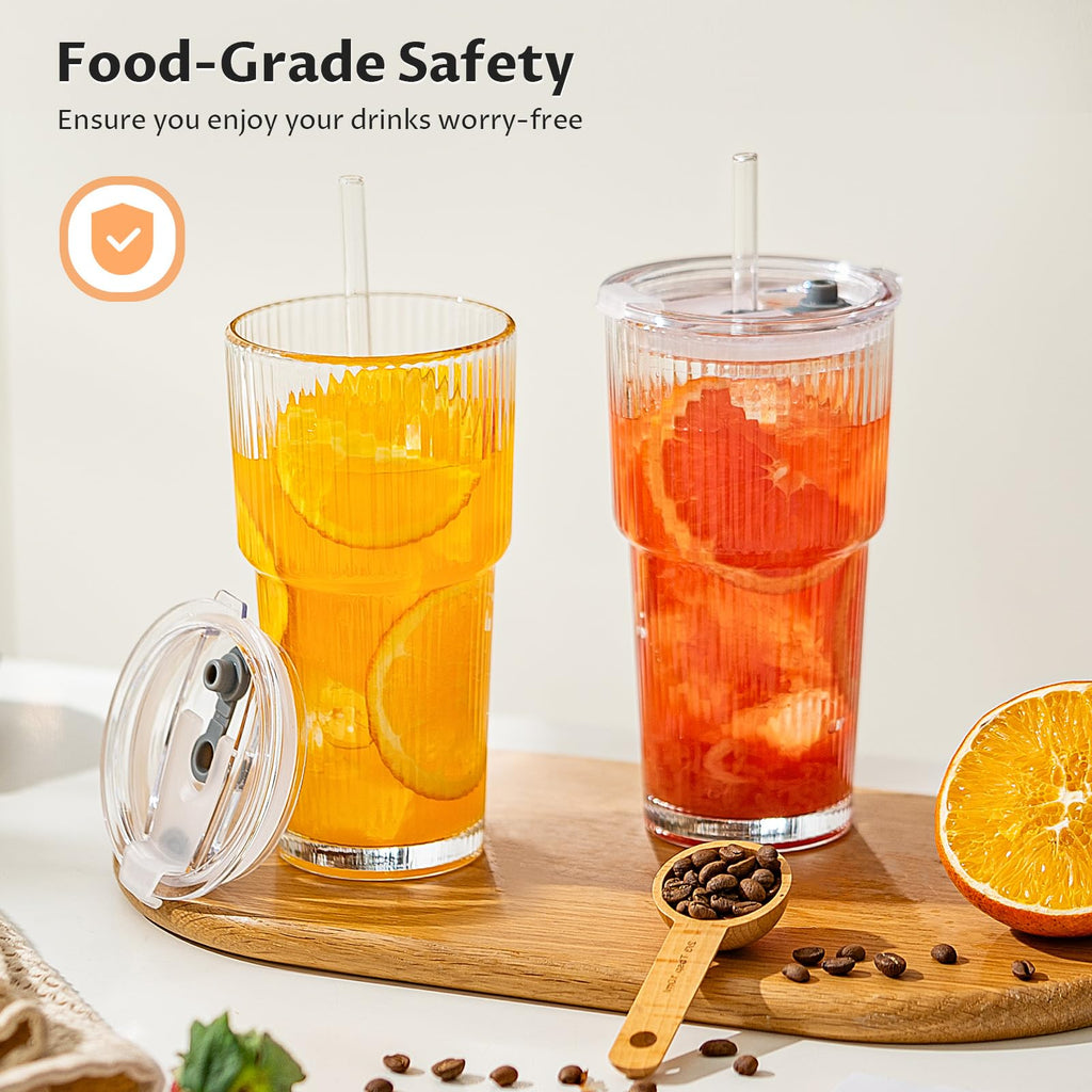 20oz Glass Iced Coffee Cups with Lids and Straws L3418