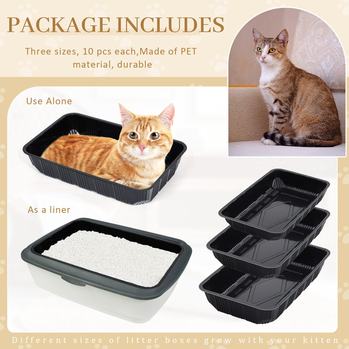30 Pcs Disposable Plastic Cat Litter Trays 3 Sizes Black T407121