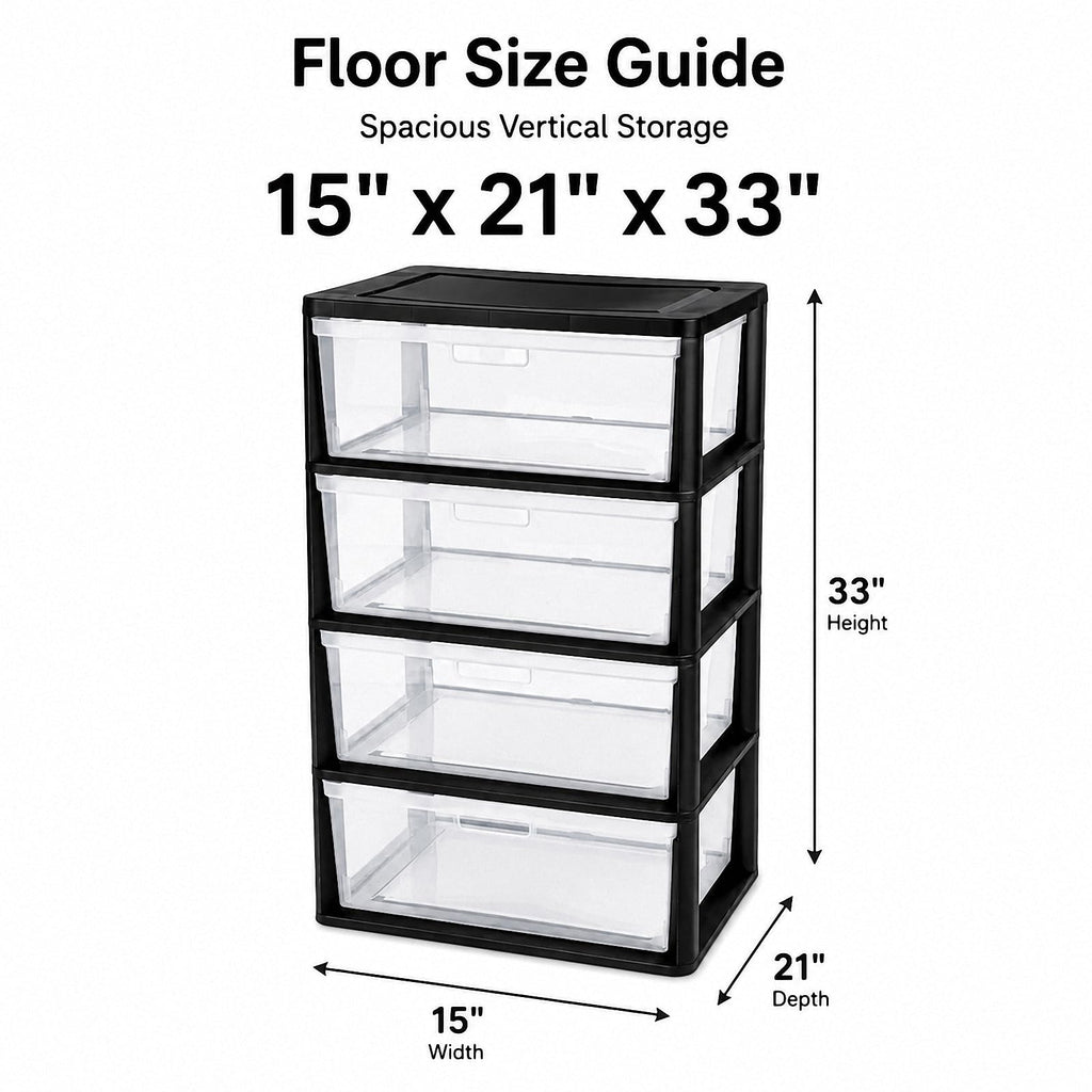 Black 4 Drawer Storage Organizer Tower with Clear Removable Bins H4569