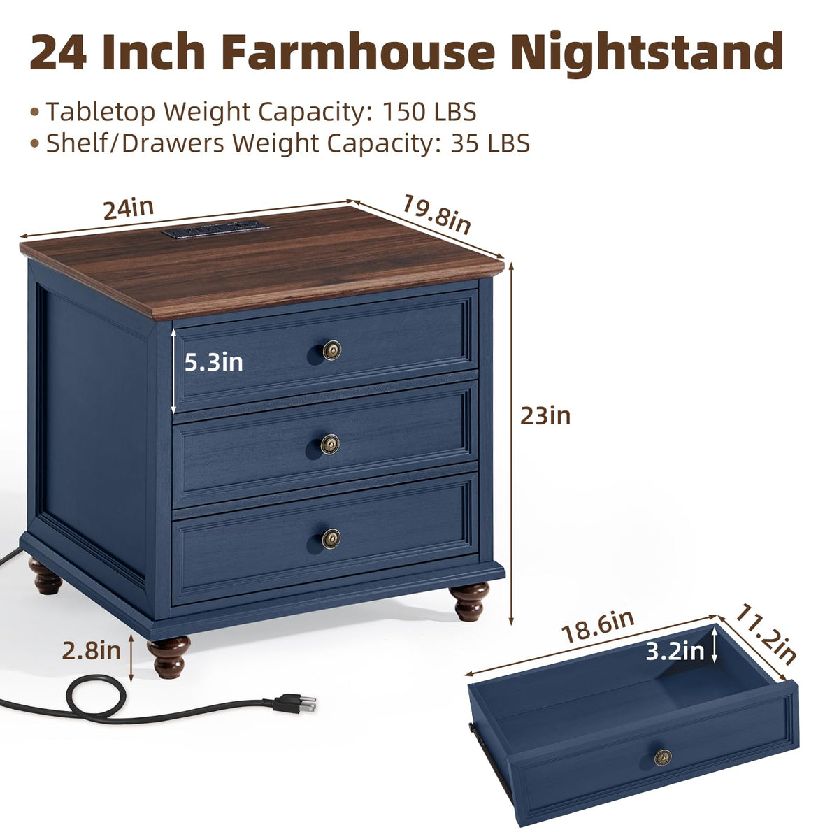 Blue Wood Nightstand Set of 2 with Charging Station N28143