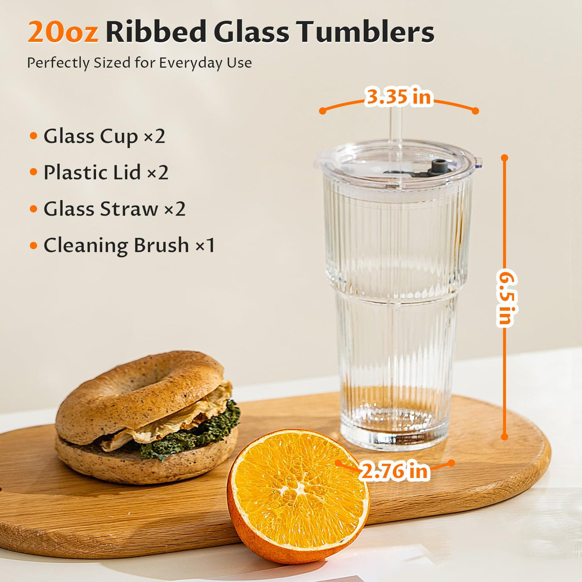 20oz Glass Iced Coffee Cups with Lids and Straws L3418
