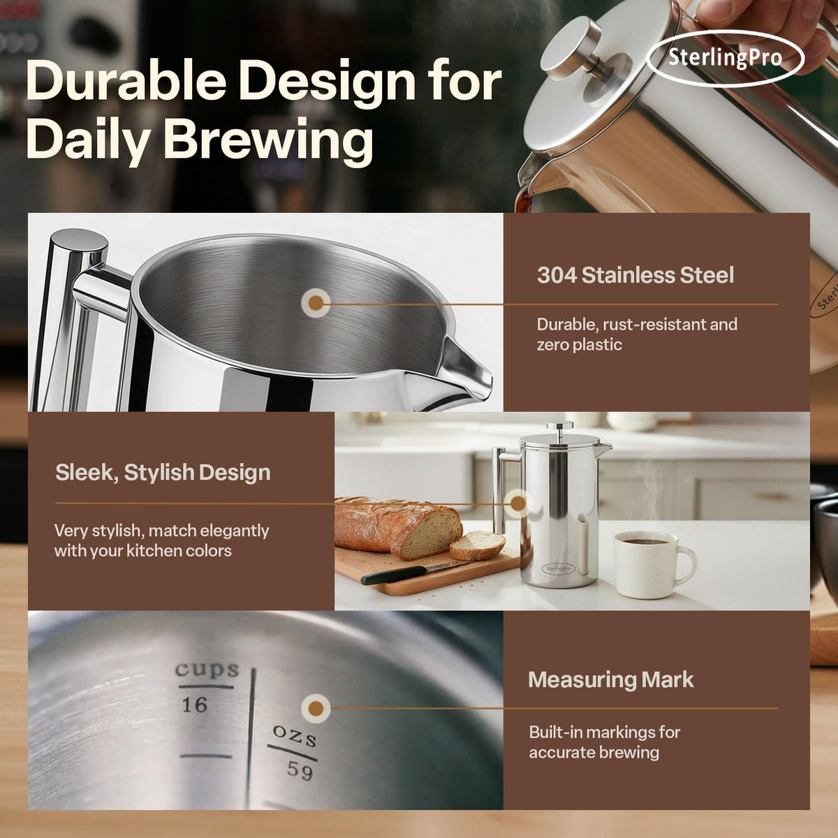 Extra Large Insulated Stainless Steel French Press Coffee Maker 2L J82302