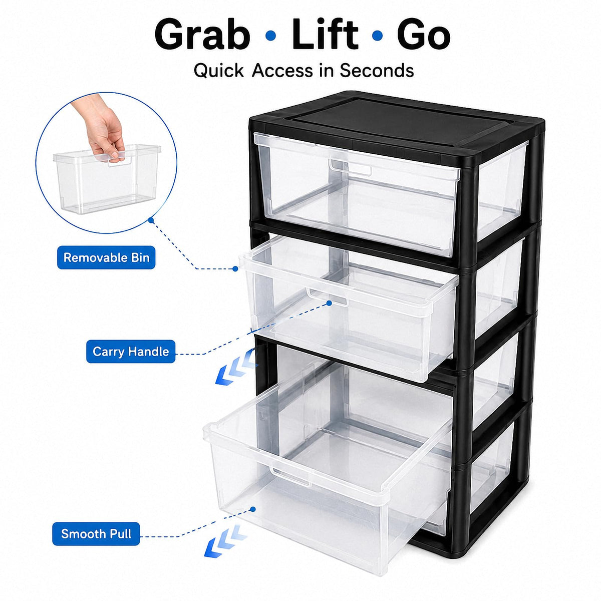 Black 4 Drawer Storage Organizer Tower with Clear Removable Bins H4569
