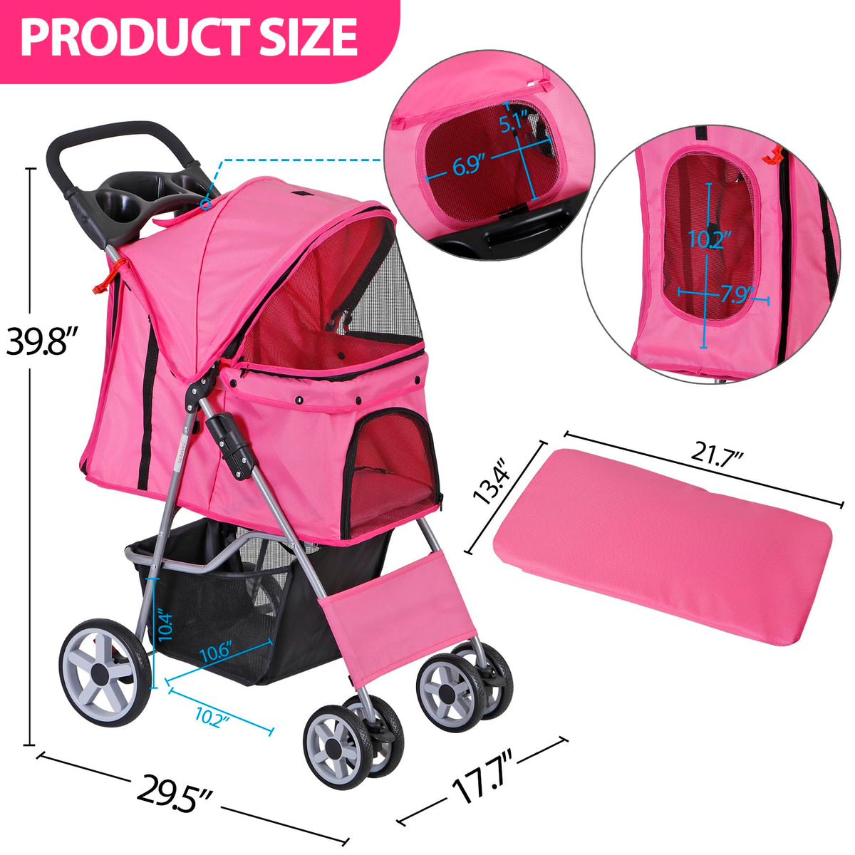 4 Wheels Folding Dog Stroller with Storage Basket, Pink L64406