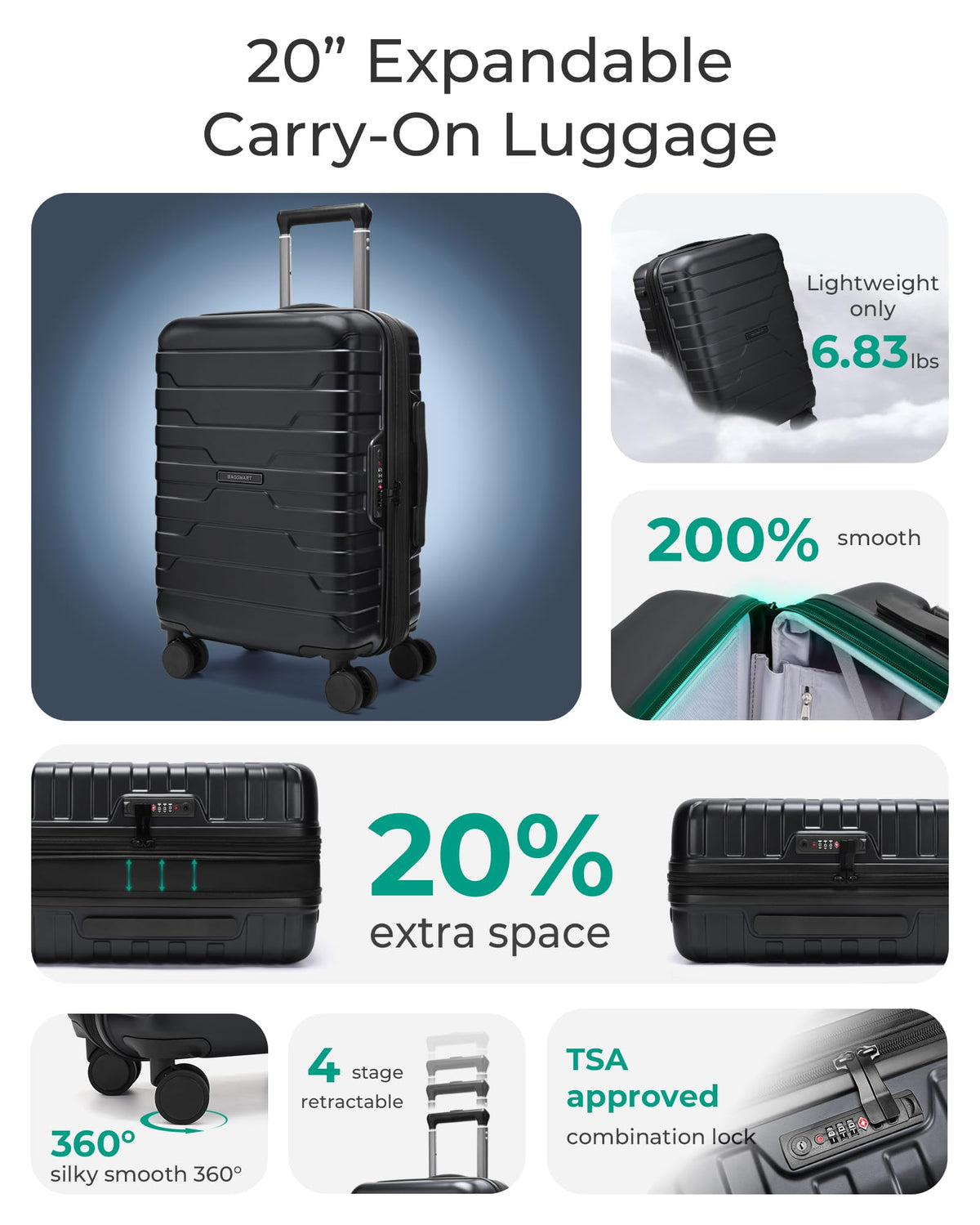 Expandable Spinner Carry-On Luggage 20" Black I456