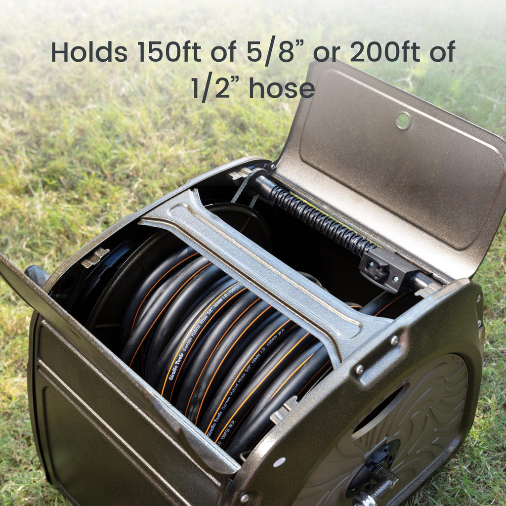 Metal Hose Reel Box, Heavy Duty Garden Hose Storage Reel, 150ft 5/8" Hose Capacity, Green M7741