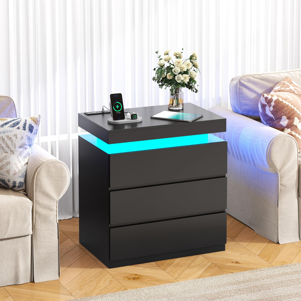 Nightstand with Charging Station, LED Lights, 3 Storage Drawers Z392