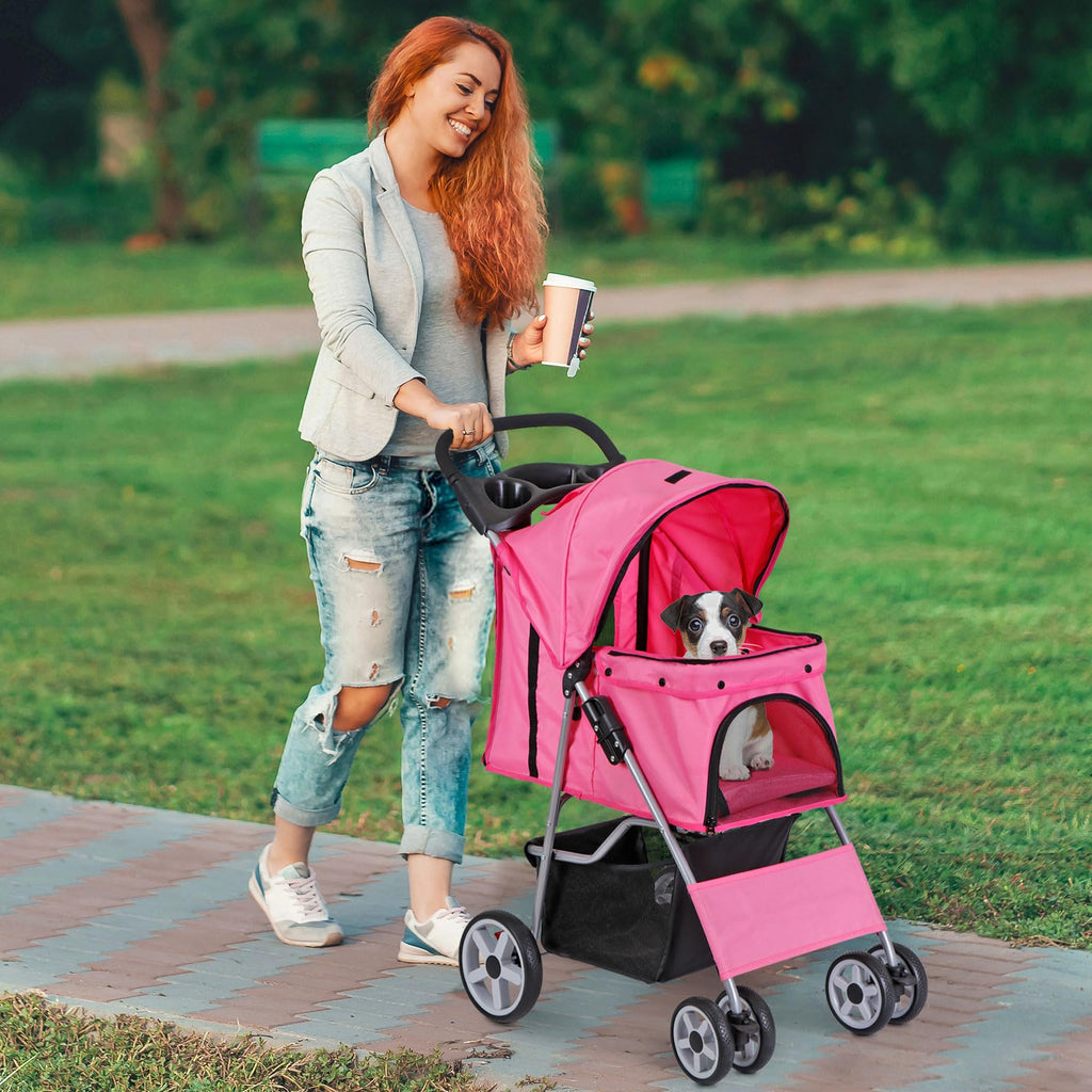 4 Wheels Folding Dog Stroller with Storage Basket, Pink L64406