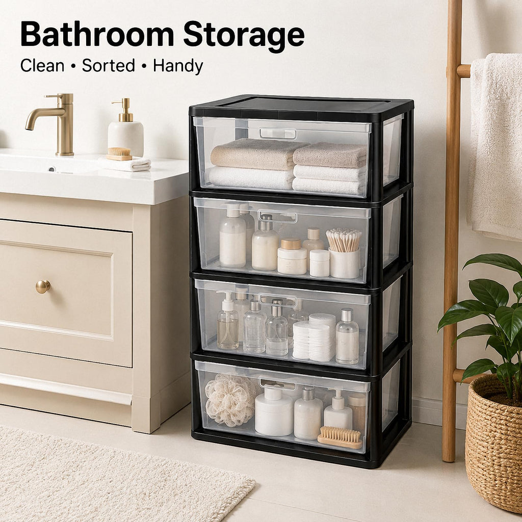 Black 4 Drawer Storage Organizer Tower with Clear Removable Bins H4569