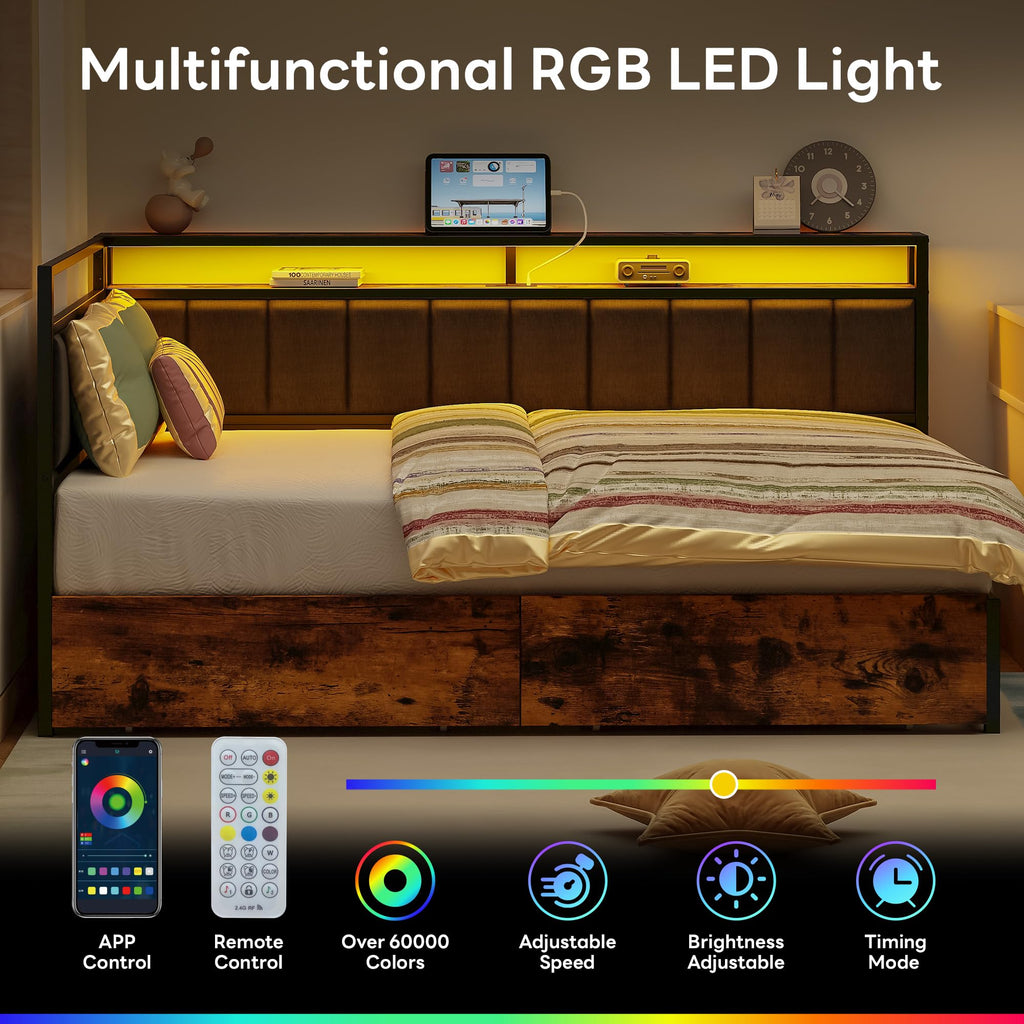 Full Corner Bed Frame with Storage Drawers, LED, Charging, Black T763
