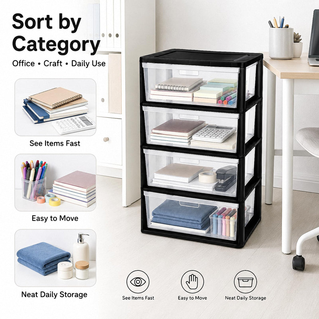 Black 4 Drawer Storage Organizer Tower with Clear Removable Bins H4569