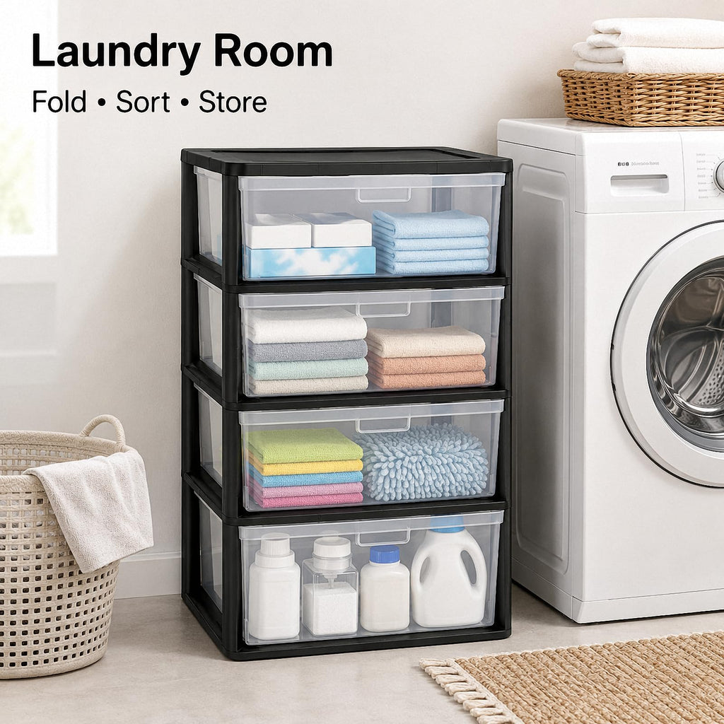 Black 4 Drawer Storage Organizer Tower with Clear Removable Bins H4569